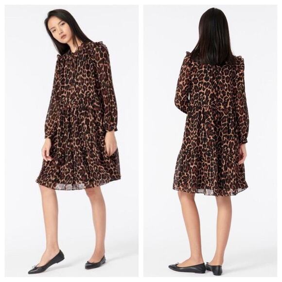 J. Crew Dresses & Skirts - J. Crew Tie-Neck Tiered Dress in Leopard Crinkle Chiffon Size XS New!